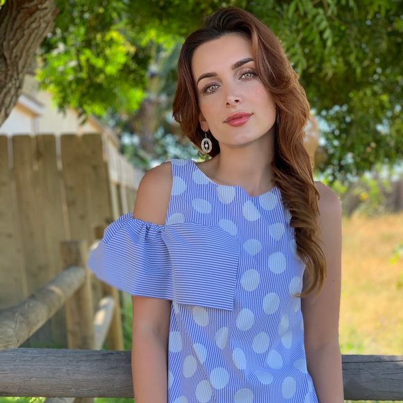 Eva Franco Anthropologie Polka Dot Top Ruffle Detail One Shoulder Striped - Picture 1 of 10